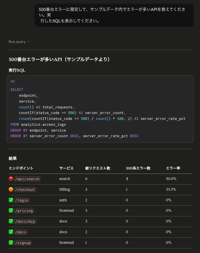 Asking with a focus on 5xx errors, showing the expected aggregation results
