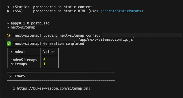 Next.jsビルドとsitemap生成の成功ログ