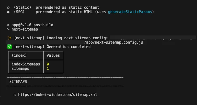 Next.js build and sitemap generation success log