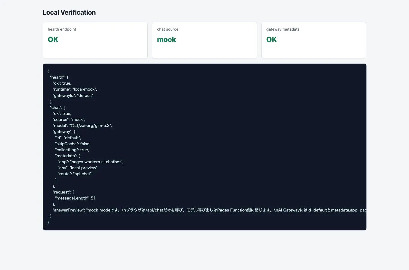 ローカル検証画面でhealth、mock source、gateway metadataがOKになっている画面