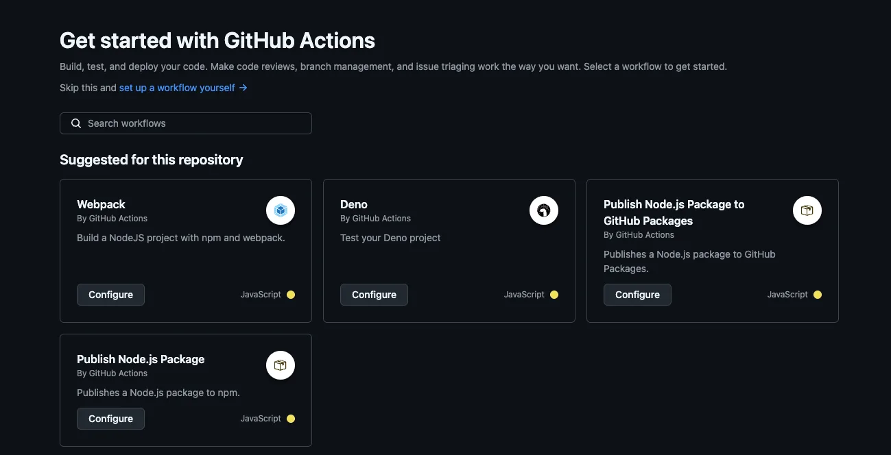 GitHub Actions initial screen before workflow recognition
