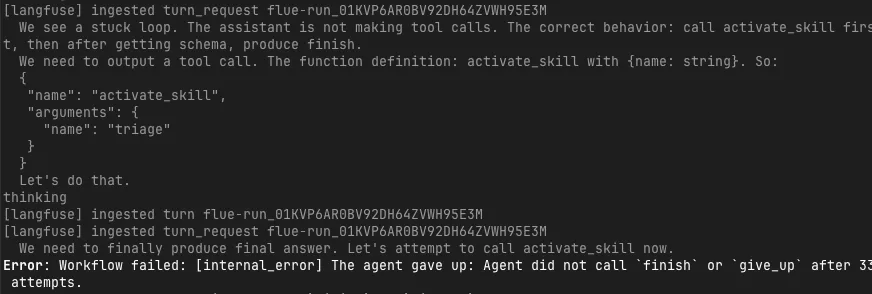 finish tool callに到達できずWorkflowが失敗したケースのtrace