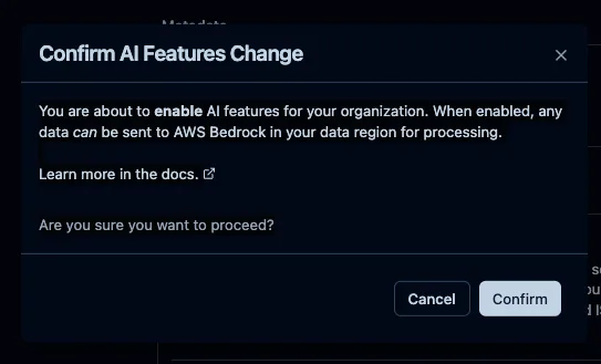 AI featuresを有効化すると、データが利用中リージョンのAWS Bedrockへ送られる可能性があることを示す確認画面