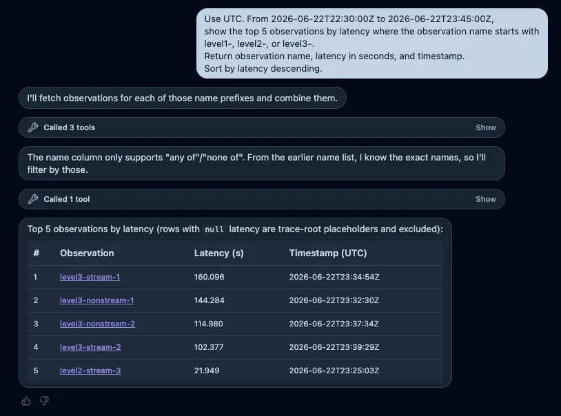 prefix filterが使えないため完全なObservation名へ切り替え、レイテンシ上位5件を返した回答
