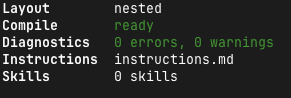 npm exec -- eve infoでCompile readyとDiagnostics 0 errors, 0 warningsが表示された画面