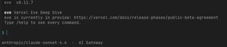 Launching Eve's TUI and seeing the model configuration via AI Gateway
