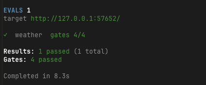 期待値を修正したあと、npm exec -- eve evalが4/4で成功した画面